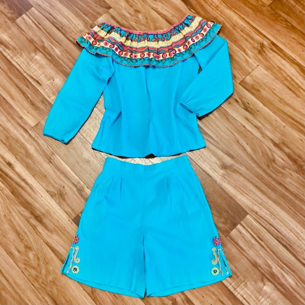 IB Diffusion Vintage Turquoise Cotton Off Shoulder Top and Shorts Set Blue Sz 8